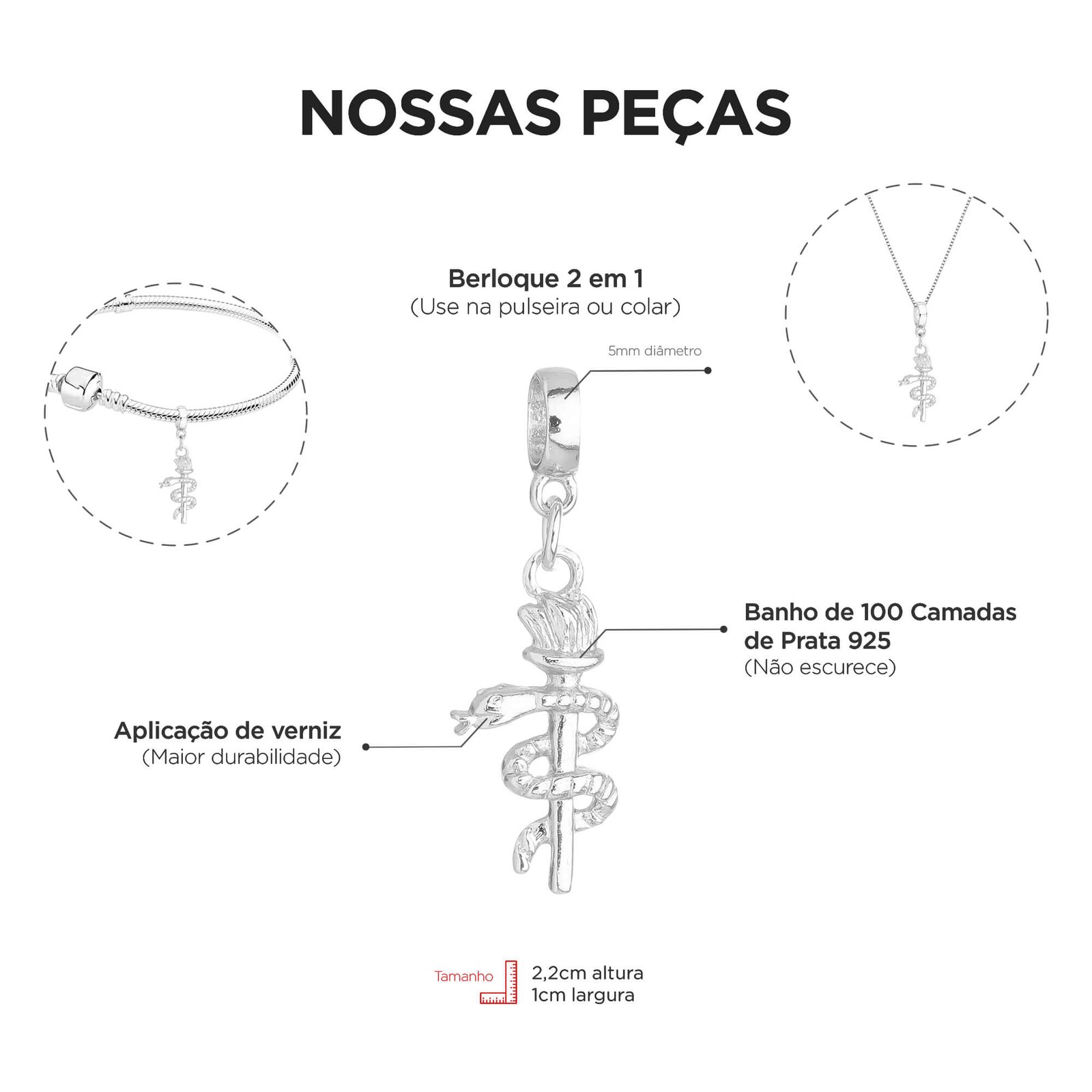 Berloque Profissão Odontologia Dentista Banhado a Prata 925