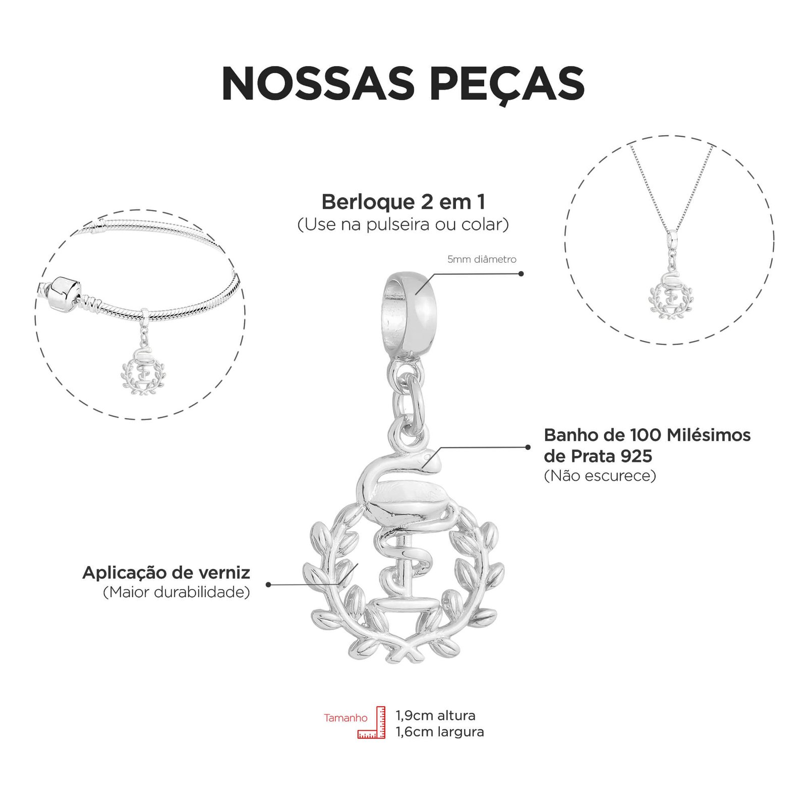 Berloque Profissão Farmácia Banhado a Prata 925