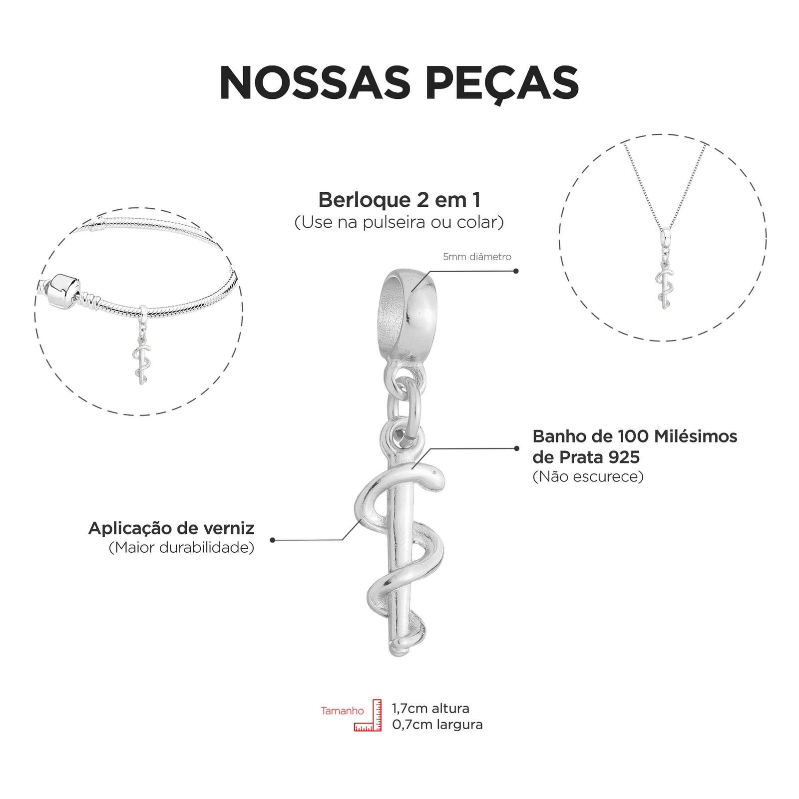 Berloque Profissão Medicina Cobra Banhado a Prata 925