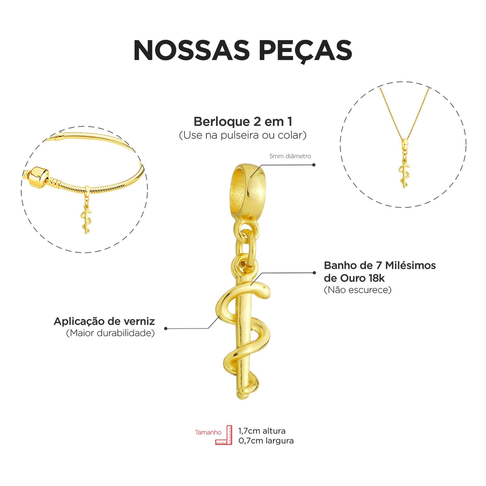 Berloque Profissão Medicina Banhado a Ouro 18k