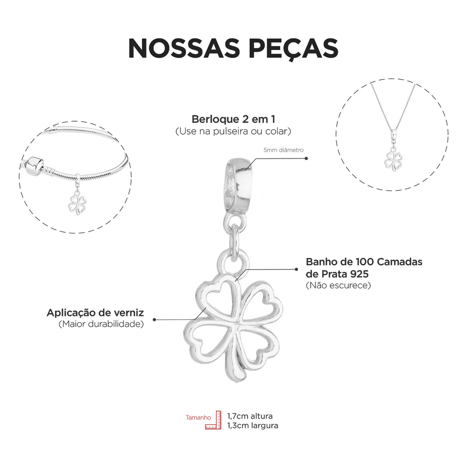 Berloque Trevo 4 Folhas Banhado a Prata 925