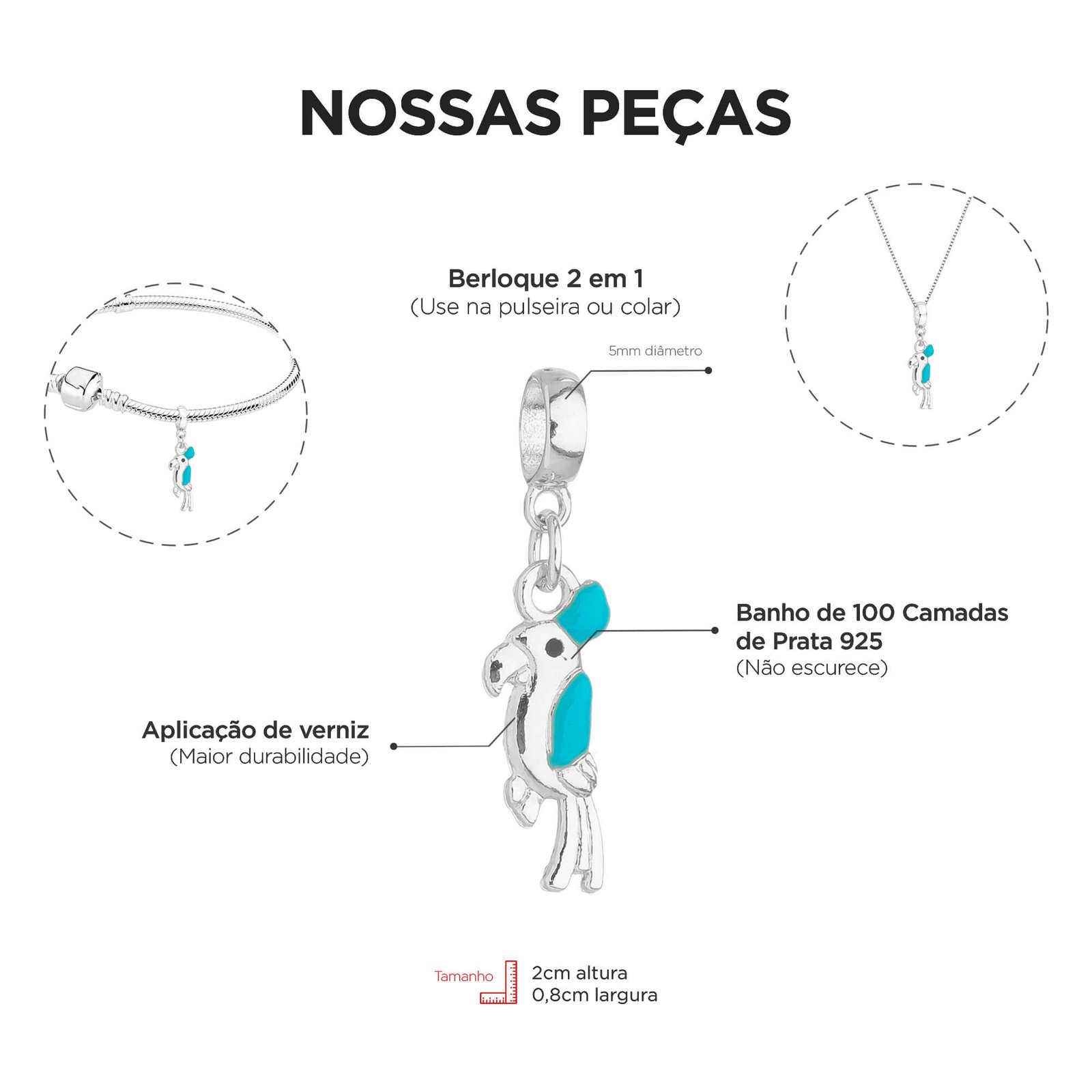 Berloque Pássaro Papagaio Banhado a Prata 925