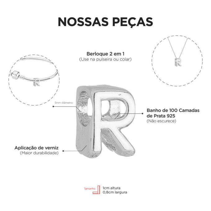 Berloque Letra R Separador Banhado a Prata 925