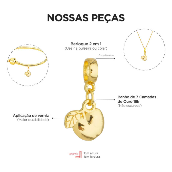 Berloque Maça Fruta Banhado a Ouro 18k