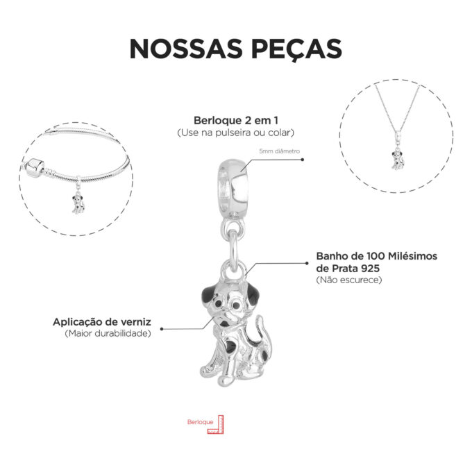 Berloque Cachorro Cachorrinho Dog Banhado a Prata 925