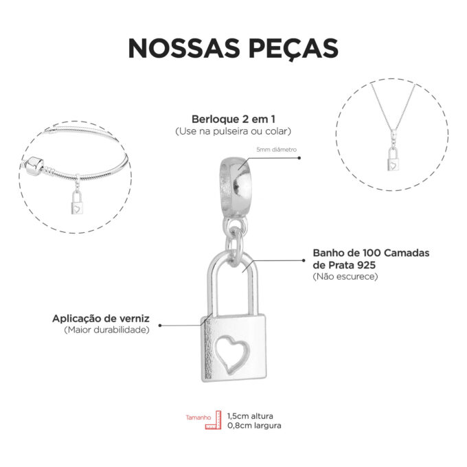 Berloque Cadeado Coração Banhado a Prata 925