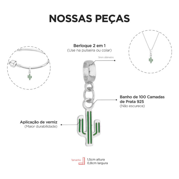 Berloque Cacto Banhado a Prata 925