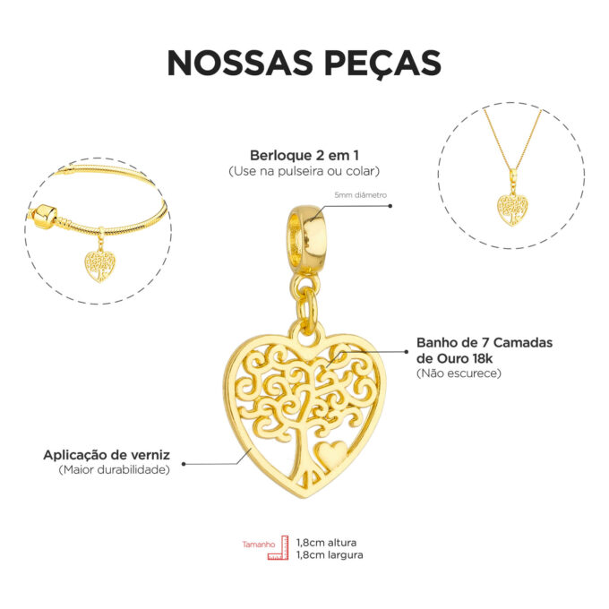 Berloque Árvore da Vida Coração Banhado a Ouro 18k