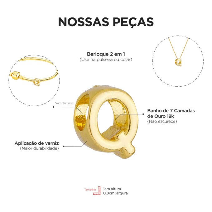 Berloque Letra Q Separador Banhado a Ouro 18k