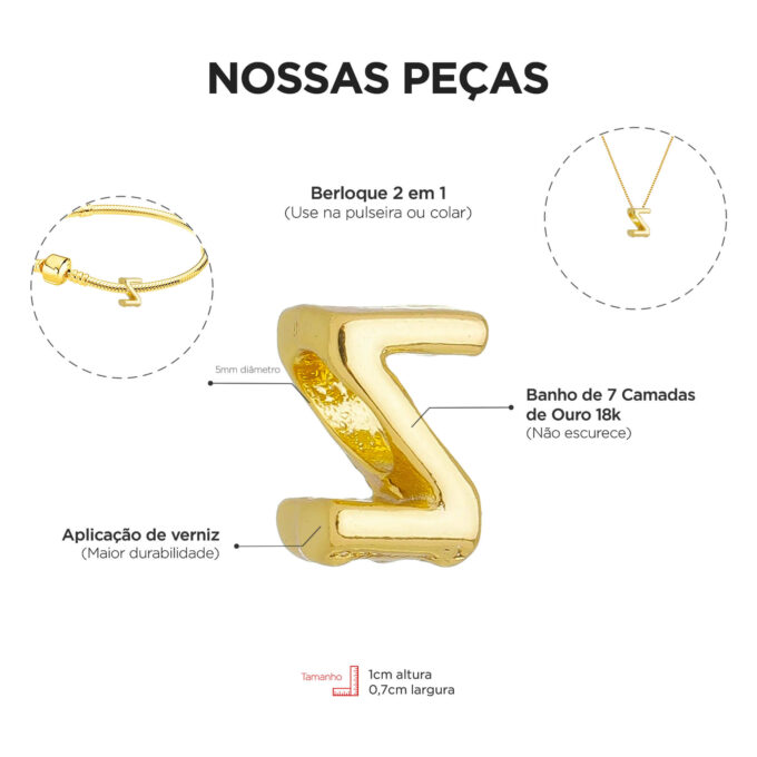 Berloque Letra Z Separador Banhado a Ouro 18k