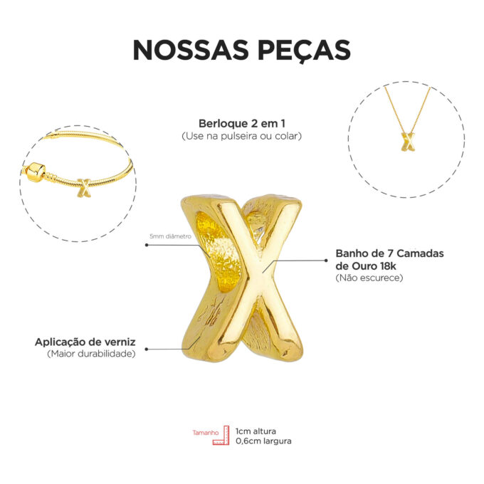 Berloque Letra X Separador Banhado a Ouro 18k