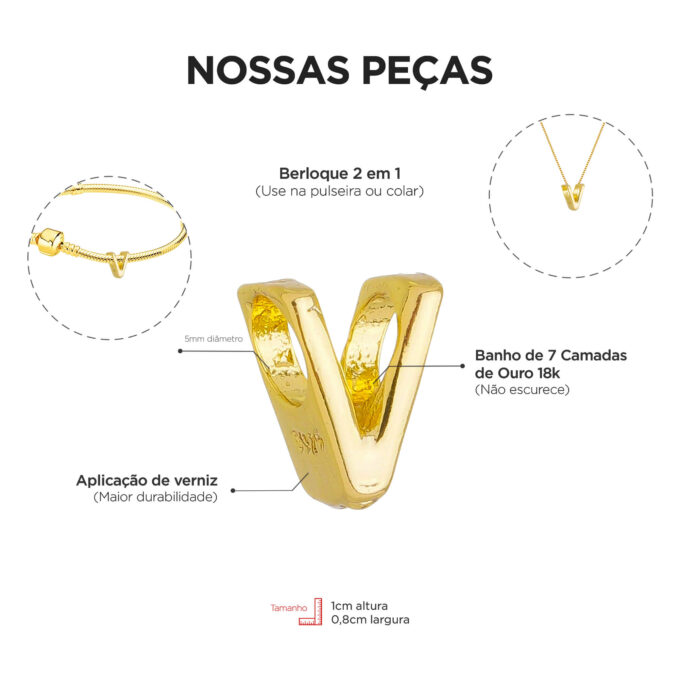 Berloque Letra V Separador Banhado a Ouro 18k
