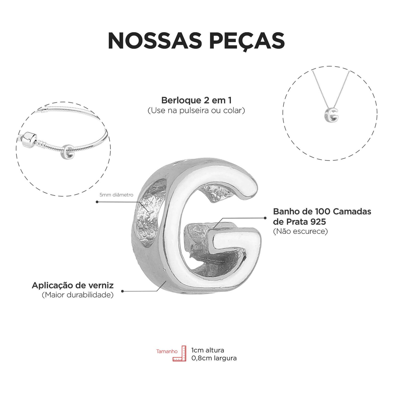 Berloque Letra G Separador Banhado a Prata 925