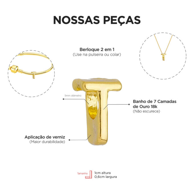 Berloque Letra T Separador Banhado a Ouro 18k