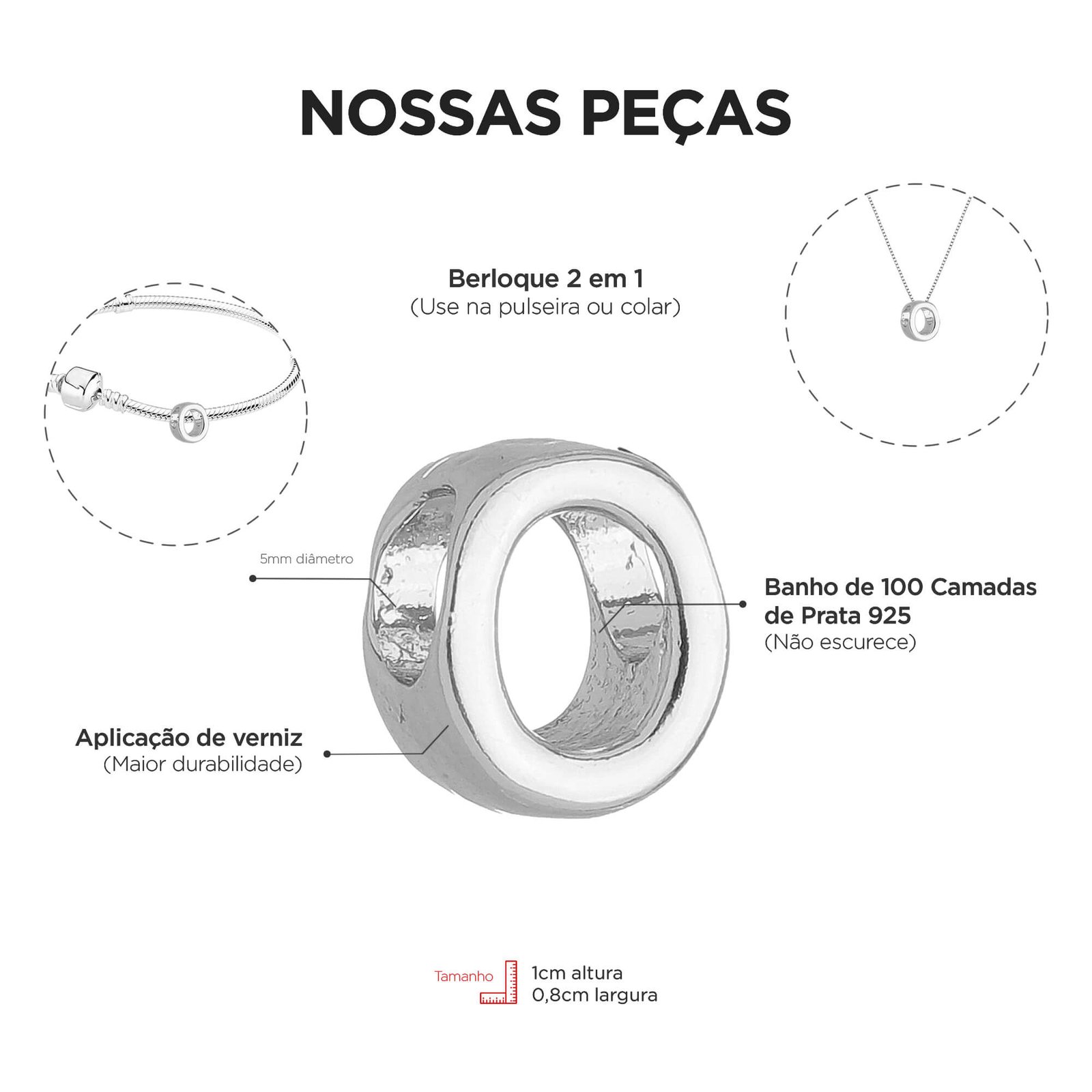 Berloque Letra O Separador Banhado a Prata 925