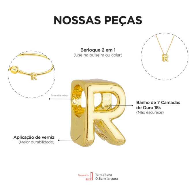 Berloque Letra R Separador Banhado a Ouro 18k