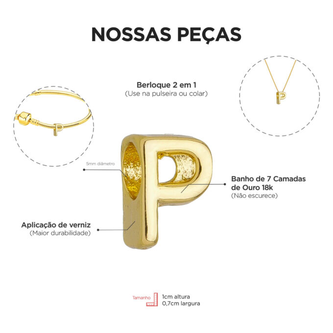 Berloque Letra P Separador Banhado a Ouro 18k