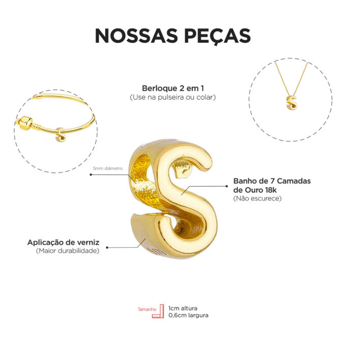 Berloque Letra S Separador Banhado a Ouro 18k