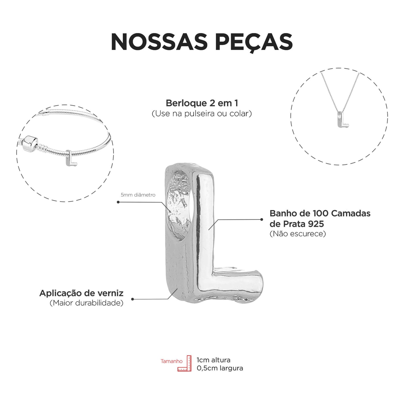 Berloque Letra L Separador Banhado a Prata 925