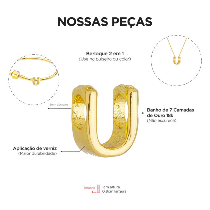 Berloque Letra U Separador Banhado a Ouro 18k