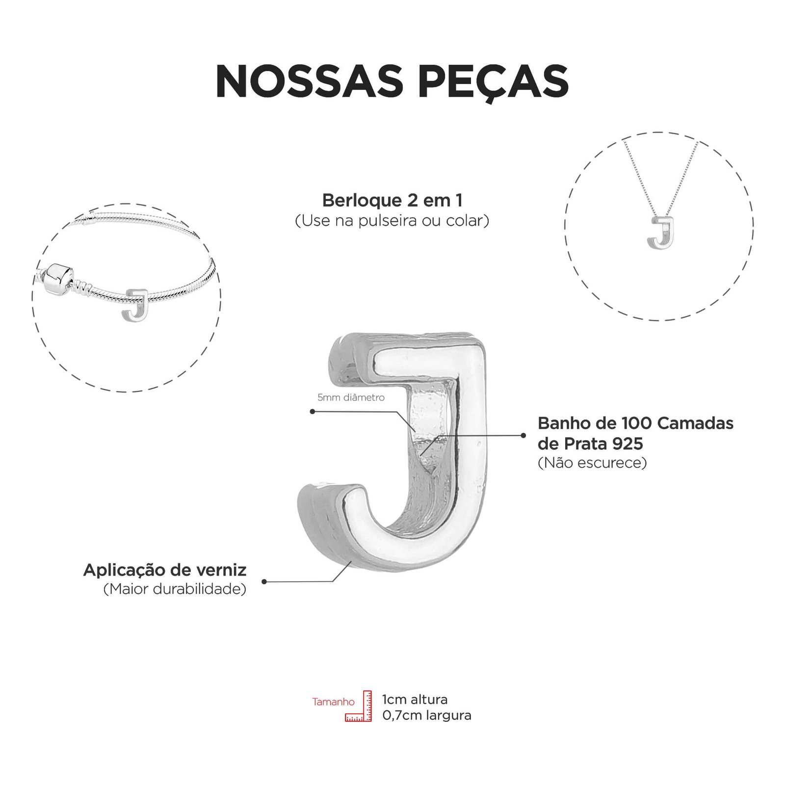 Berloque Letra J Separador Banhado a Prata 925