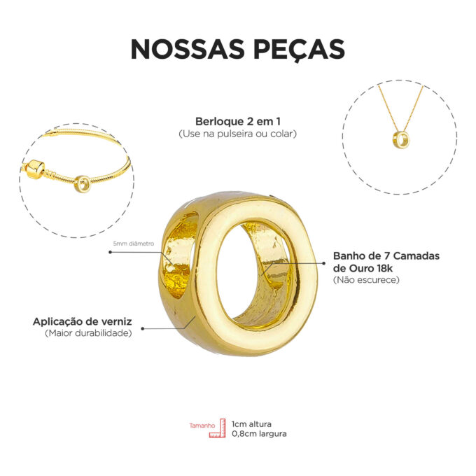 Berloque Letra O Separador Banhado a Ouro 18k