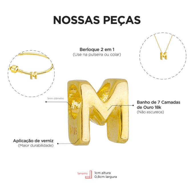 Berloque Letra M Separador Banhado a Ouro 18k