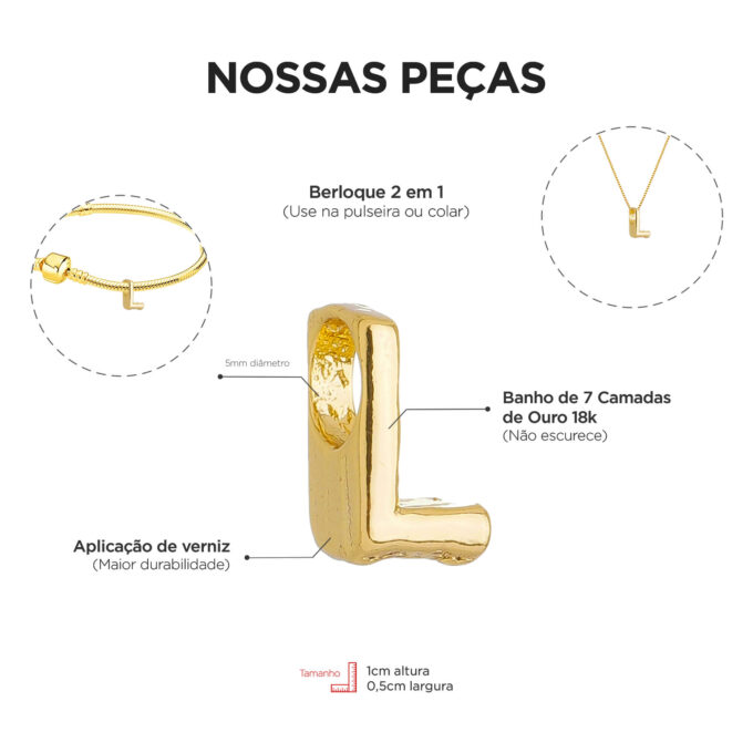 Berloque Letra L Separador Banhado a Ouro 18k