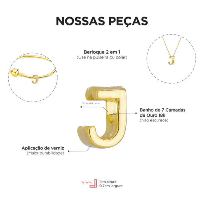 Berloque Letra J Separador Banhado a Ouro 18k