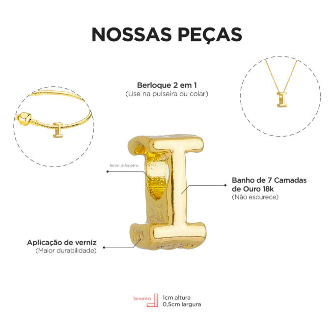 Berloque Letra I Separador Banhado a Ouro 18k
