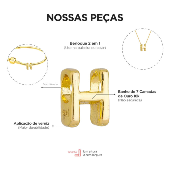 Berloque Letra H Separador Banhado a Ouro 18k