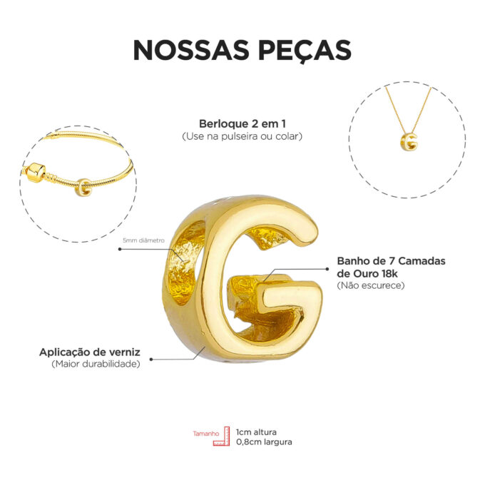 Berloque Letra G Separador Banhado a Ouro 18k