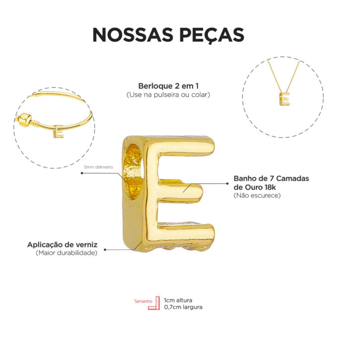 Berloque Letra E Separador Banhado a Ouro 18k