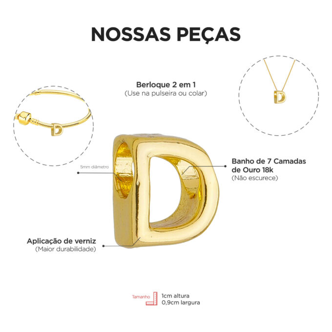 Berloque Letra D Separador Banhado a Ouro 18k