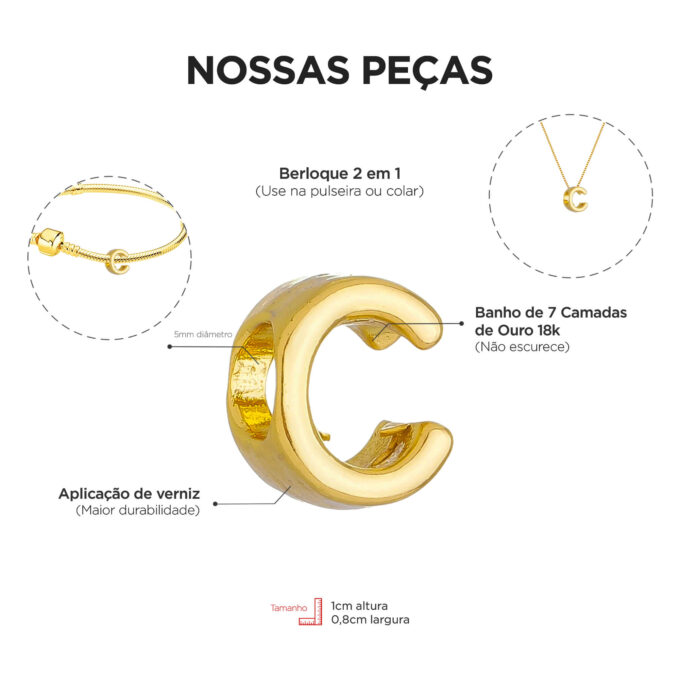 Berloque Letra C Separador Banhado a Ouro 18k