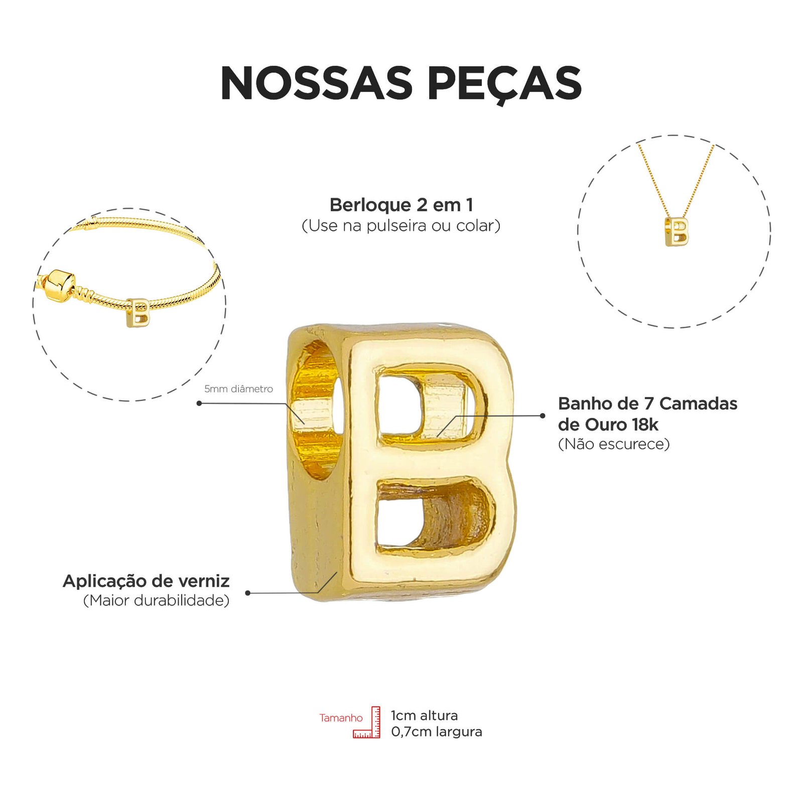 Berloque Letra B Separador Banhado a Ouro 18k