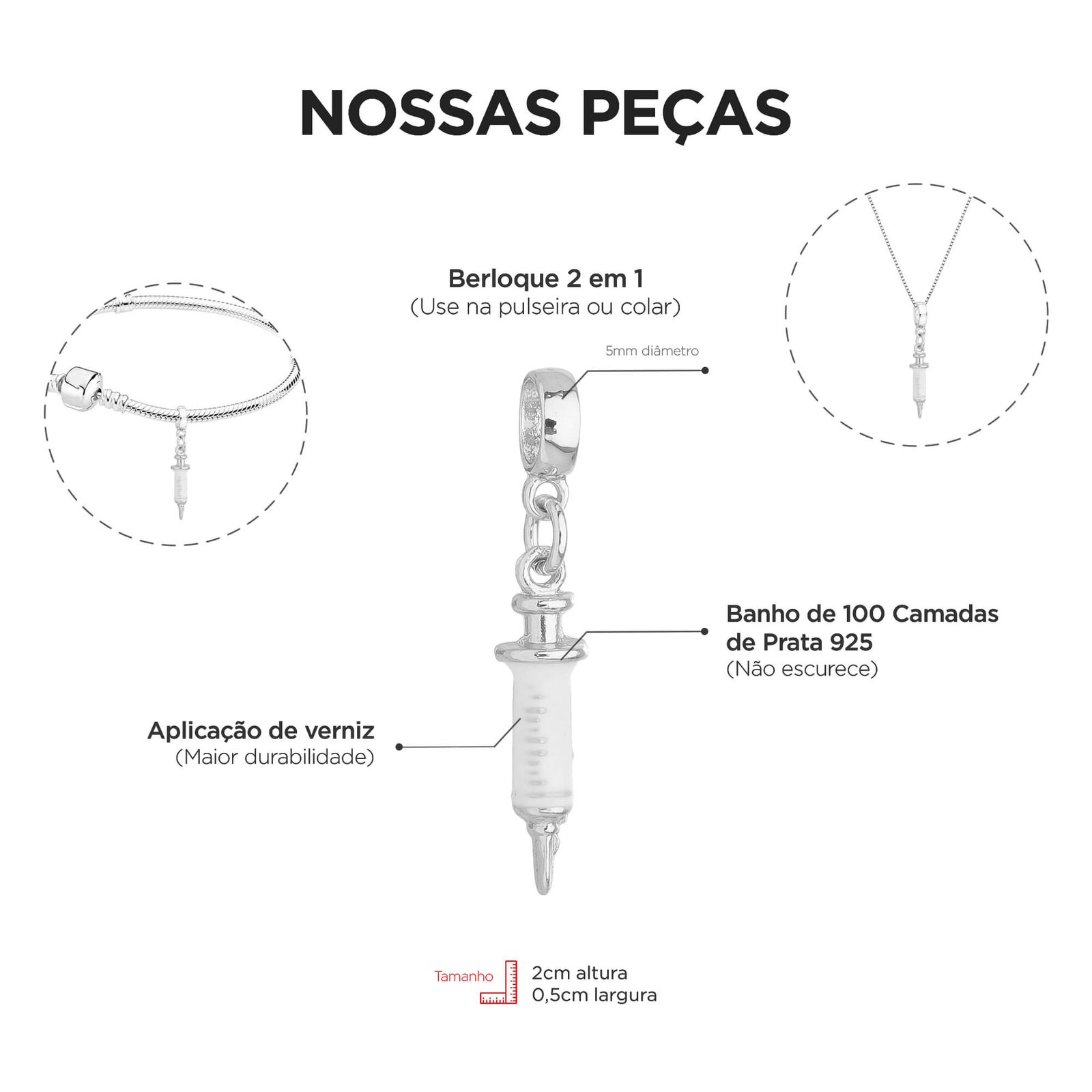 Berloque Seringa Enfermeira Banhado a Prata 925
