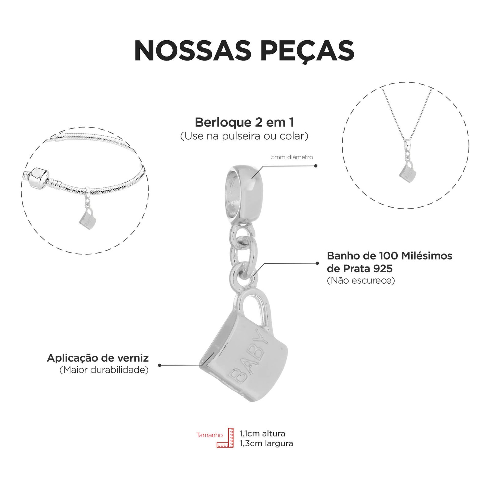 Berloque Canequinha Baby Banhado a Prata 925