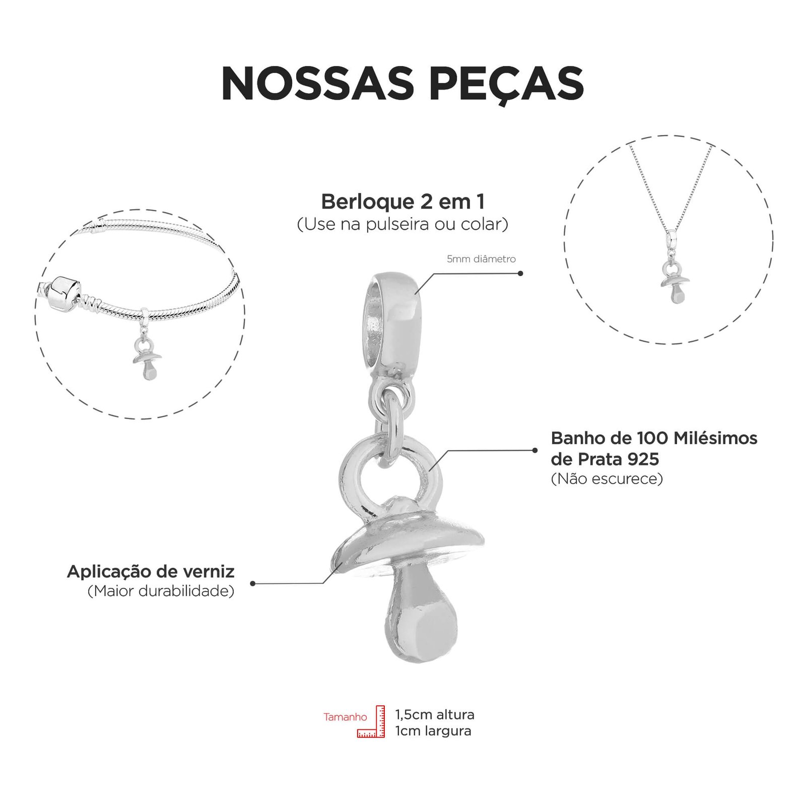 Berloque Chupeta de Bebê Banhado a Prata 925