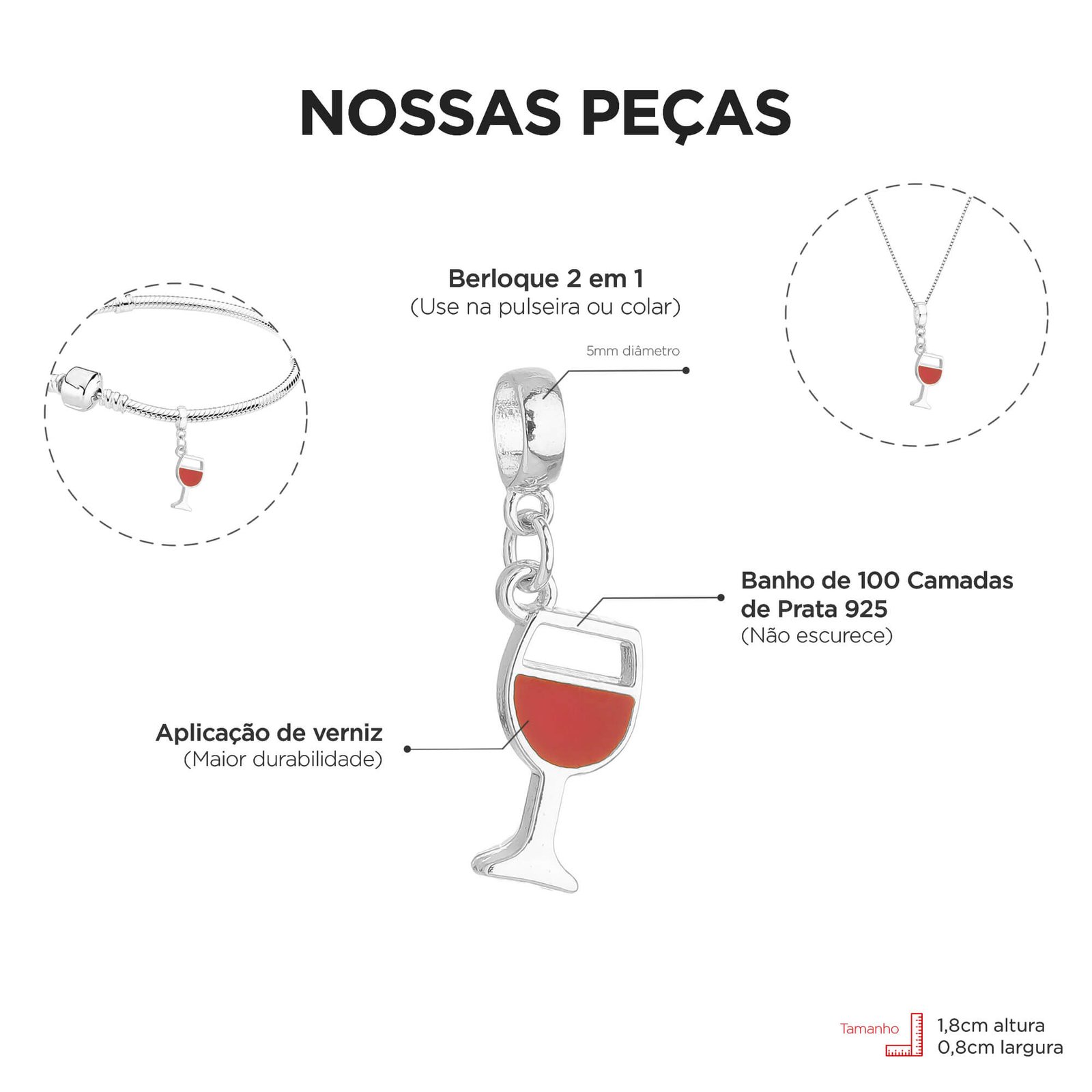 Berloque Taça de Vinho Banhado a Prata 925