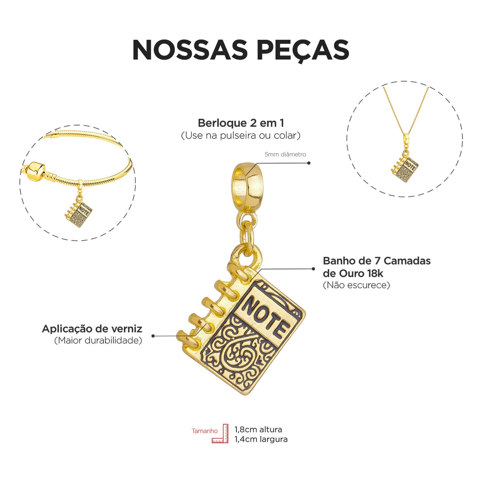 Berloque Caderno Banhado a Ouro 18k