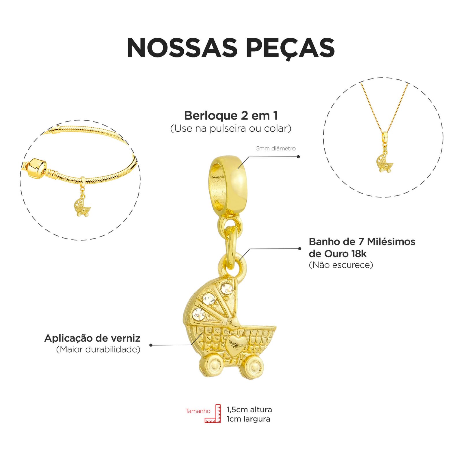 Berloque Carrinho de Bebê Banhado a Ouro 18k