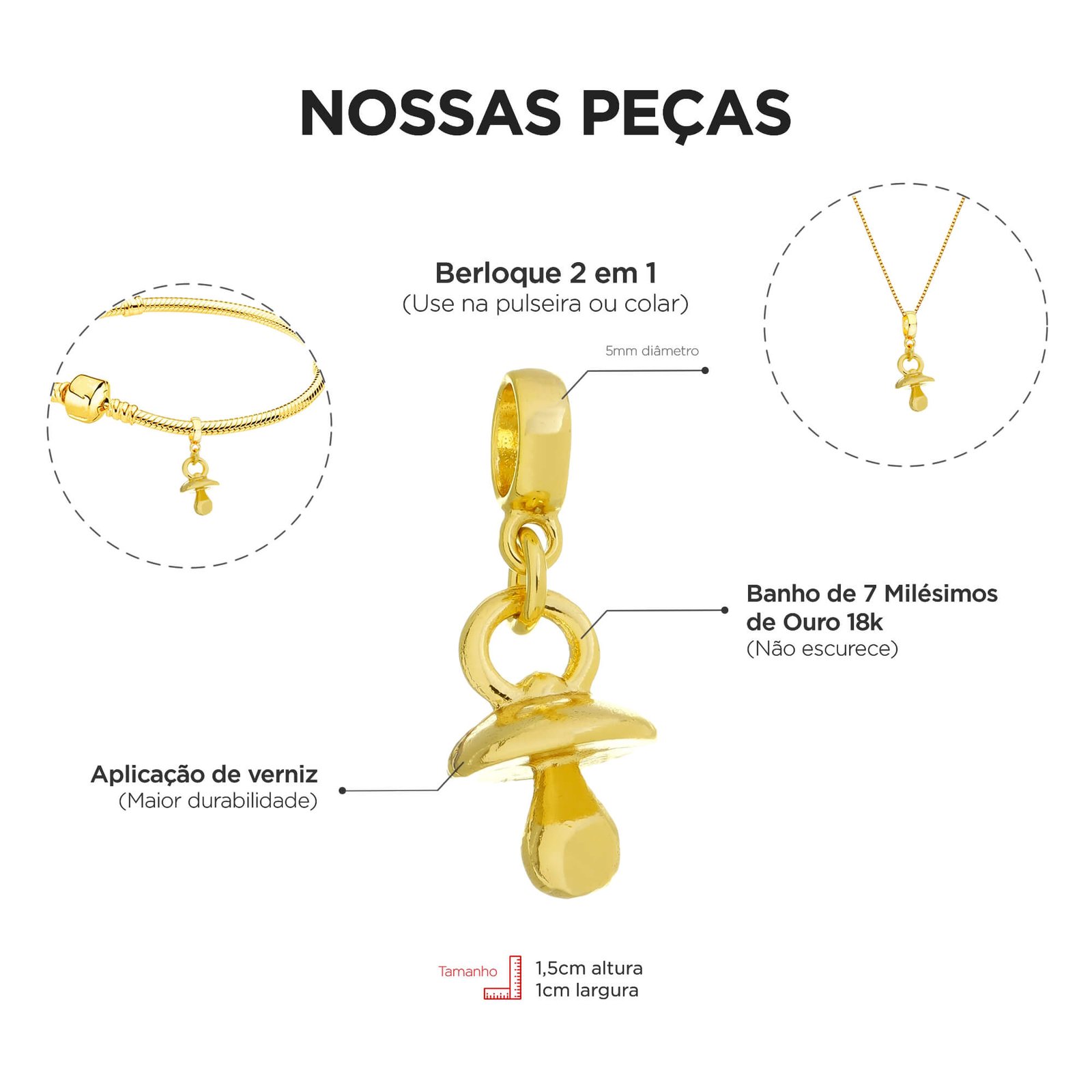 Berloque Chupeta de Bebê Banhado a Ouro 18k