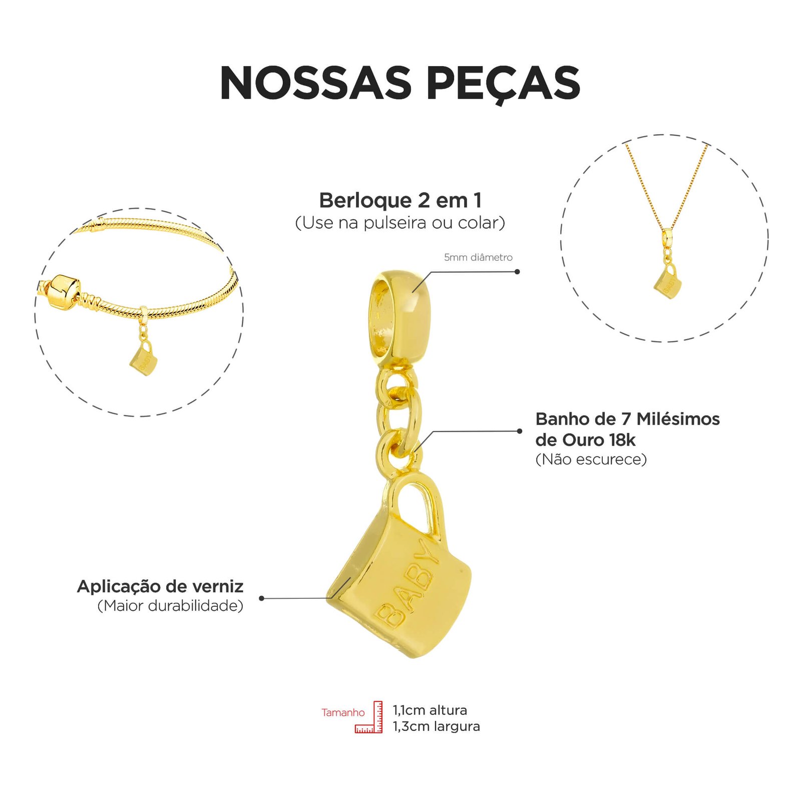 Berloque Canequinha Baby Banhado a Ouro 18k