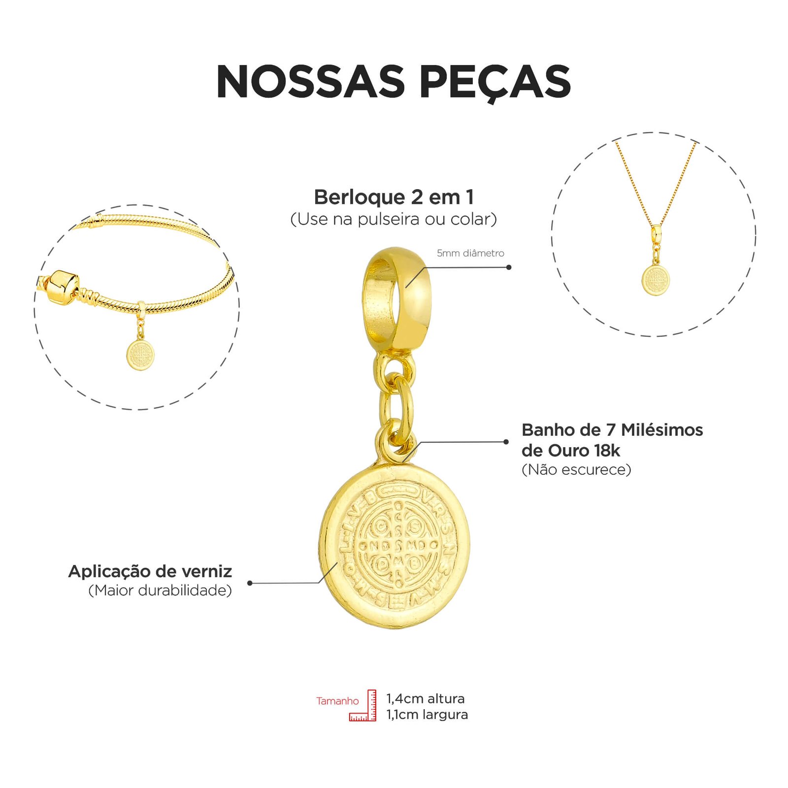 Berloque Medalha de São Bento Banhado a Ouro 18k