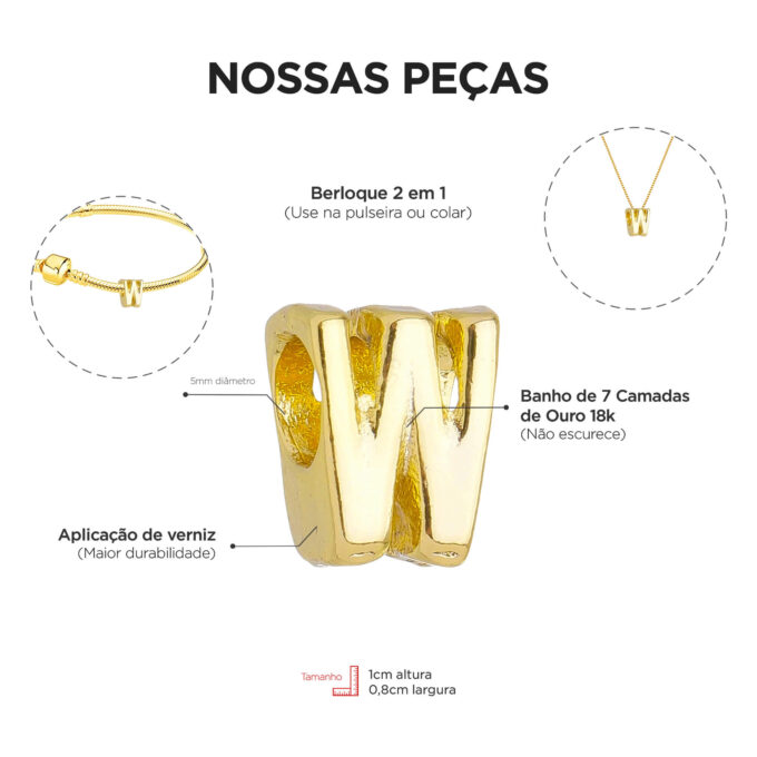 Berloque Letra W Separador Banhado a Ouro 18k