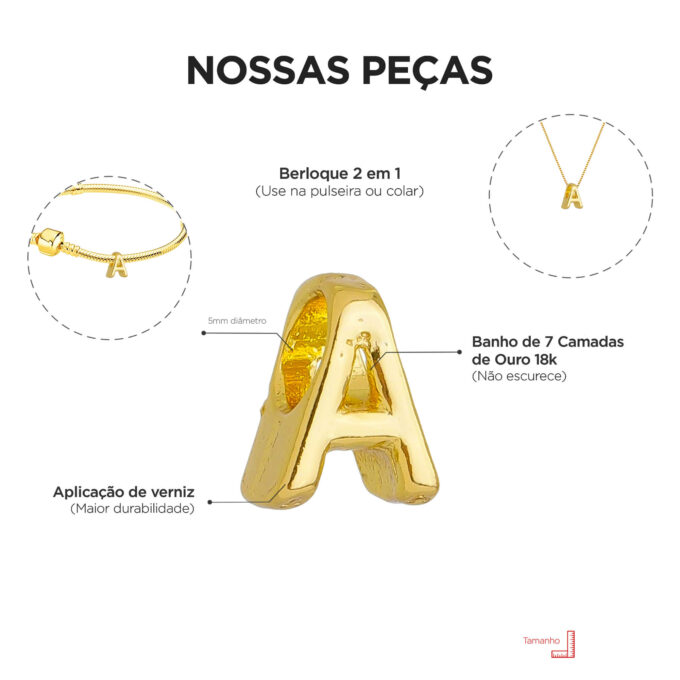 Berloque Letra A Separador Banhado a Ouro 18k