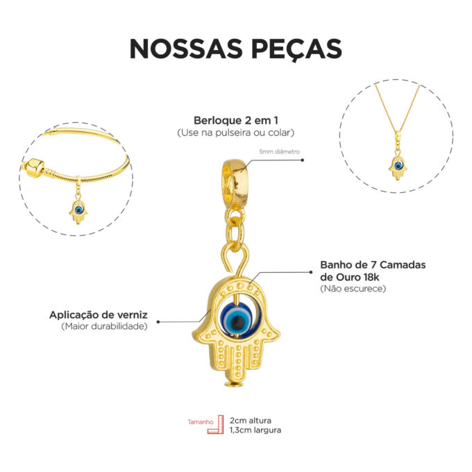 Pulseira Mão Hamsá Olho Grego Berloque Banhado a Ouro 18k
