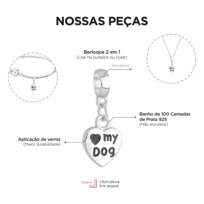 Pulseira Cachorro Love Dog Berloque Banhado a Prata 925