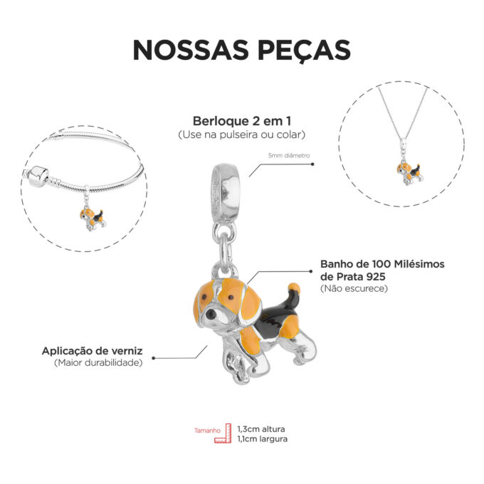 Berloque Cachorro Beagle Banhado a Prata 925
